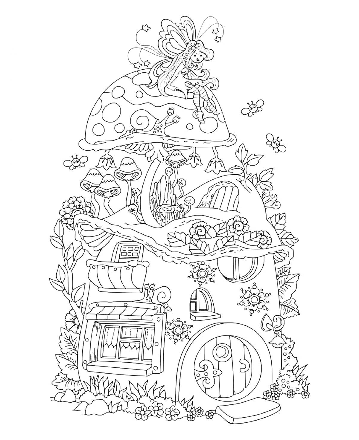 Раскраска Сказочный дом в форме гриба с феей, цветами и насекомыми