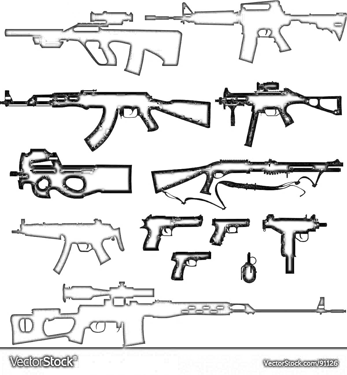 Раскраска Черно-белая раскраска с изображением различных видов огнестрельного оружия: штурмовая винтовка, автомат, пистолет-пулемет, снайперская винтовка, дробовик, пистолет, граната.