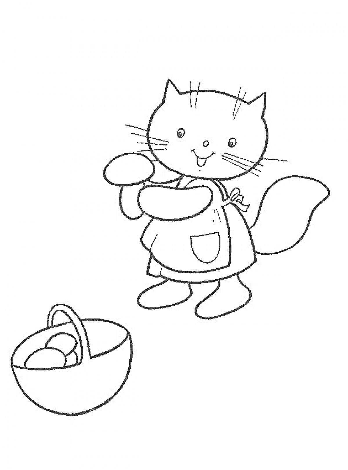 Раскраска Кошка в фартуке с грибом и корзиной яиц