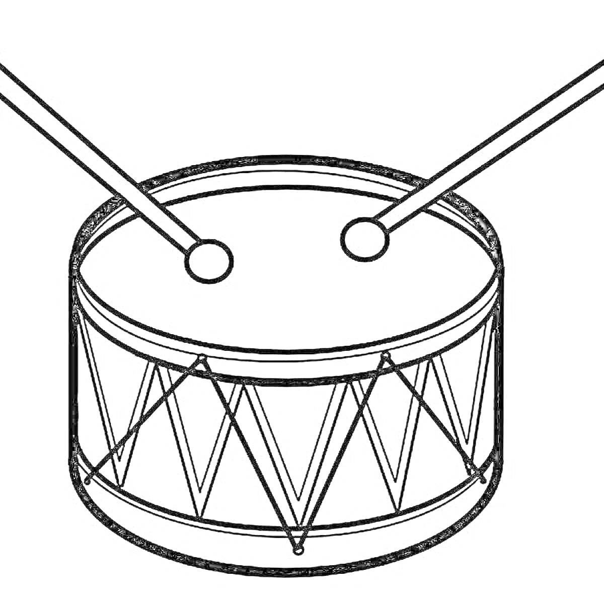 На раскраске изображено: Барабан, Музыкальный инструмент, Барабанные палочки, Музыка