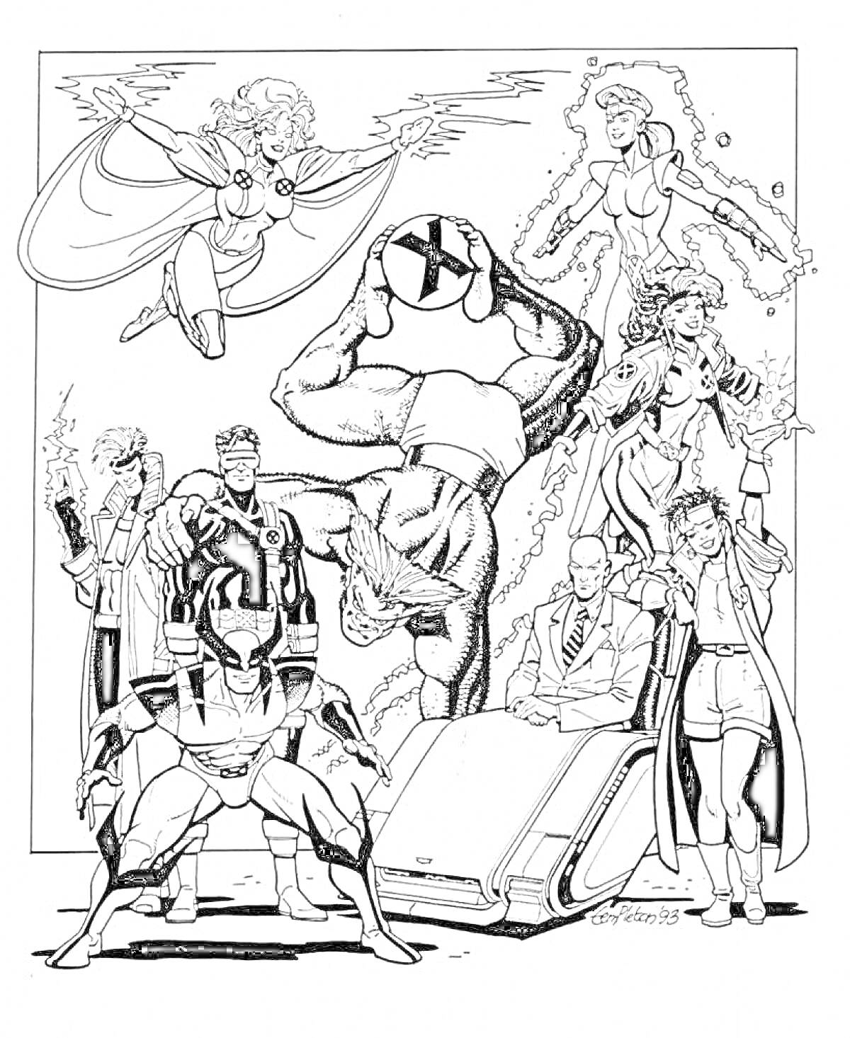 На раскраске изображено: Люди Икс, Супергерои, Мутанты, Боевые костюмы, Профессор, Инвалидная коляска, Комиксы, Фантастика