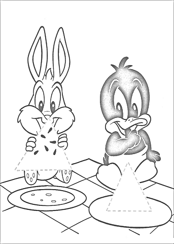 Раскраска Персонажи Луни Тюнз - кролик и утёнок с едой