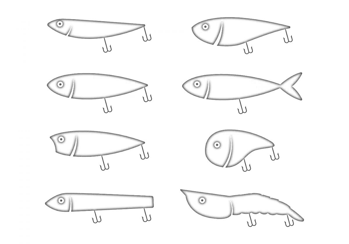 Семь видов воблеров с различными формами тела и хвостов