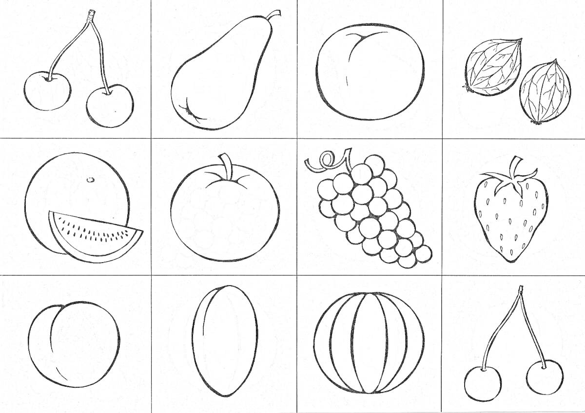 Раскраска раскраска с фруктами и ягодами – вишня, груша, яблоко, арахис, долька арбуза, яблоко, виноград, клубника, персик, манго, арбуз, вишня