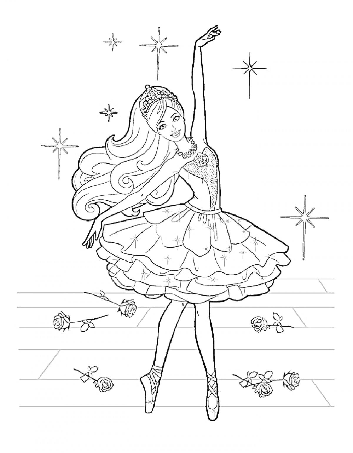 Раскраска Танцовщица в балетной пачке на сцене с разбросанными розами и звездами на заднем плане