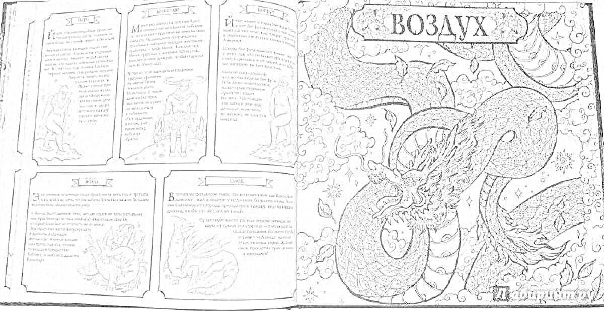 Раскраска Воздух (страницы книги о фантастических существах с иллюстрацией воздушного дракона и текстом описания)