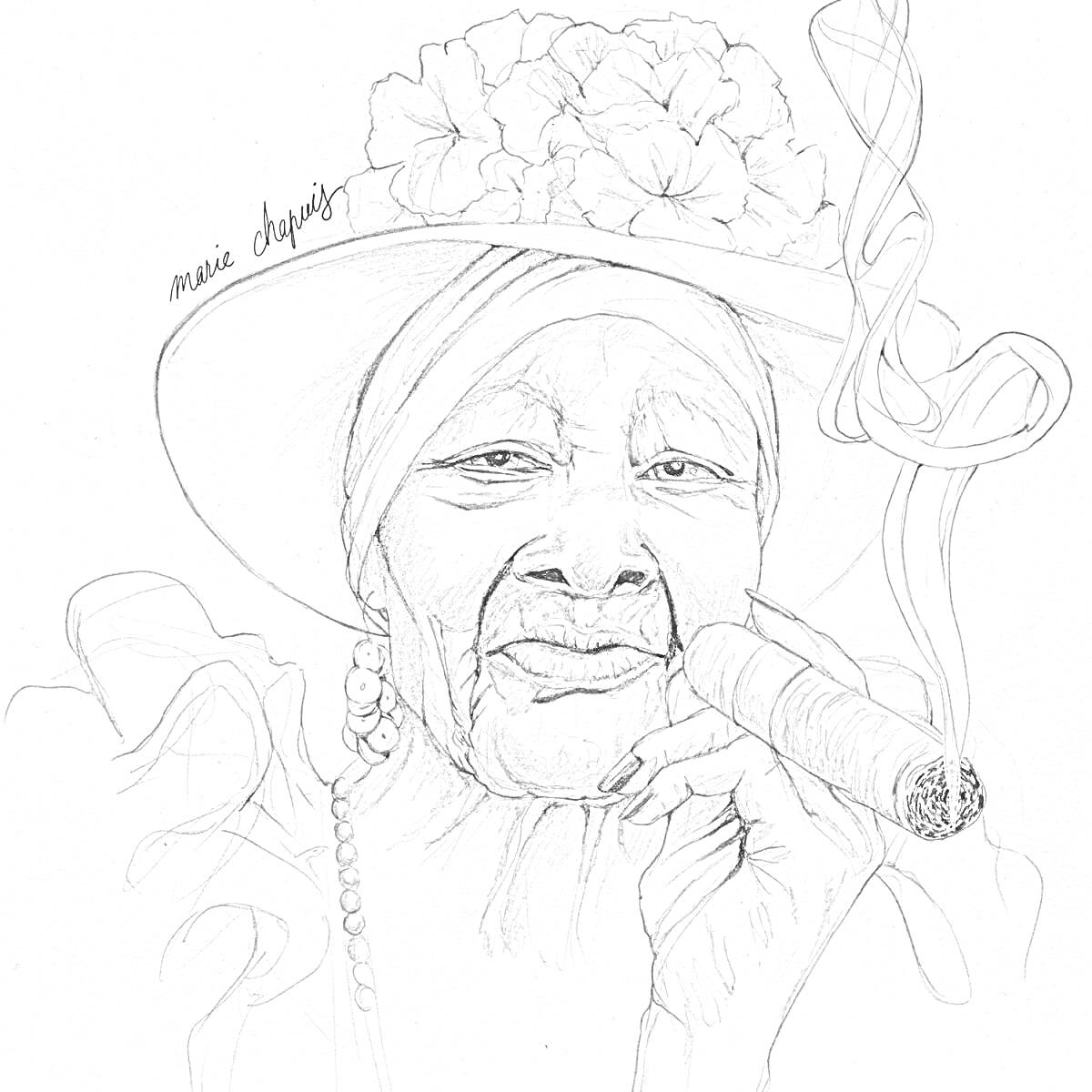 На раскраске изображено: Бабушка, Цветы, Шляпа, Сигара, Украшения, Настроение