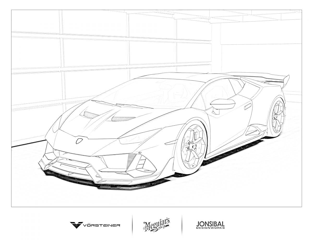 На раскраске изображено: Ламборгини, Спорткар, Гараж, Суперкар