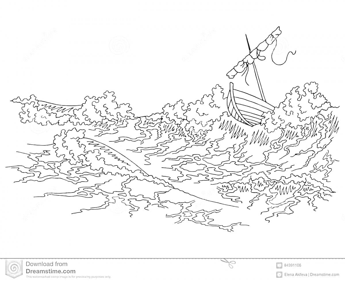 На раскраске изображено: Лодка, Волны, Буря, Море, Природа