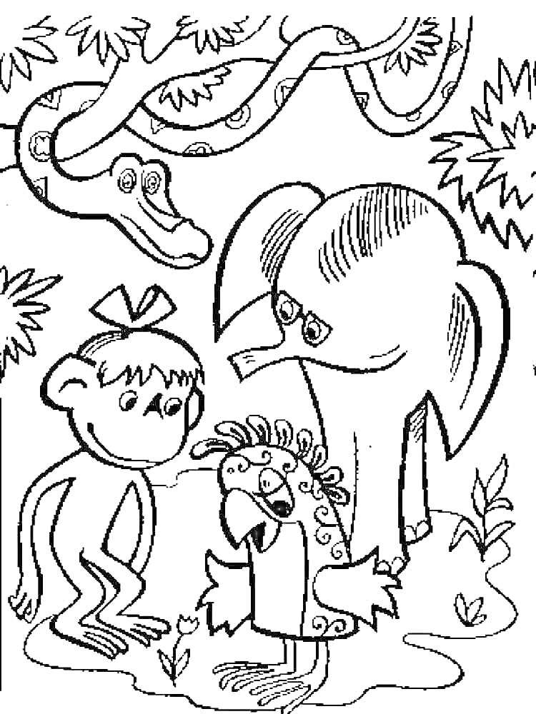 Раскраска Попугай, слон, обезьяна и удав в джунглях
