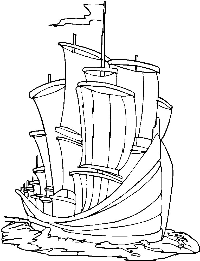 Раскраска Корабль с парусами, флагом и волнами
