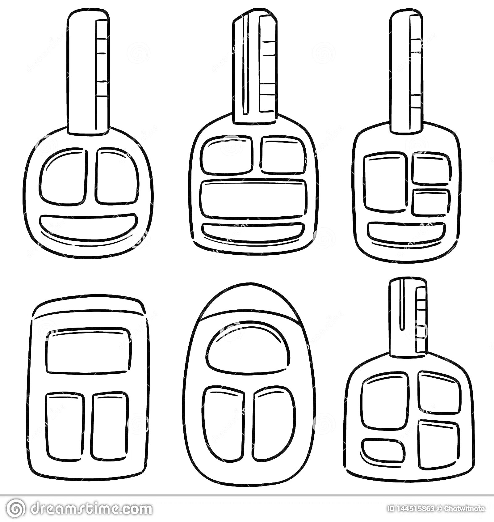 Раскраска Контурные изображения автомобильных ключей с разными кнопками