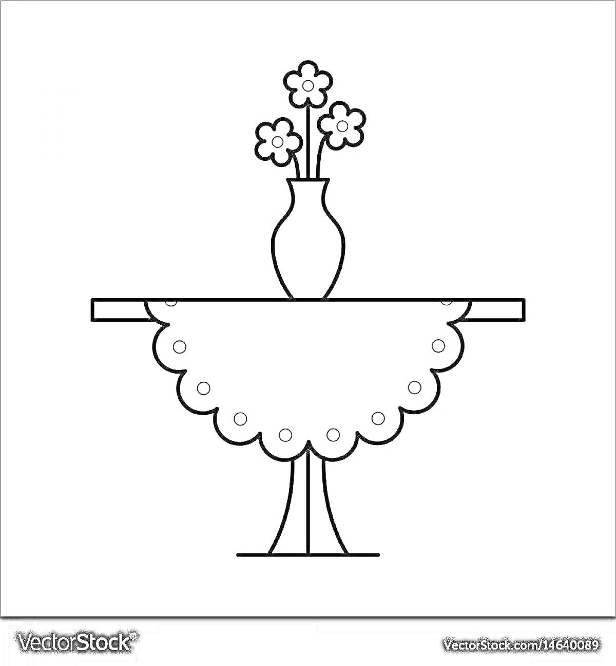 На раскраске изображено: Стол, Скатерть, Ваза, Цветы, Мебель, Дом, Интерьер