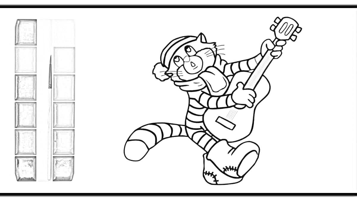 Раскраска Кот в тельняшке и шапке играет на гитаре