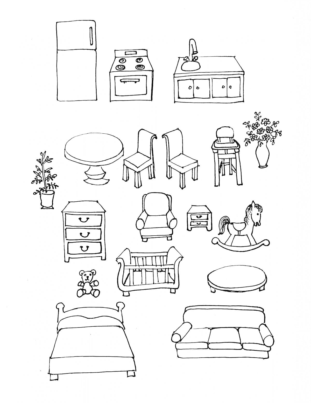 Раскраска Мебель и предметы интерьера: холодильник, плита, кухня с раковиной, круглый стол, два стула, высокий стул, ваза с цветами, растение в горшке, комод, кресло, кроватка, качалка-лошадка, мягкая игрушка, кровать, диван.