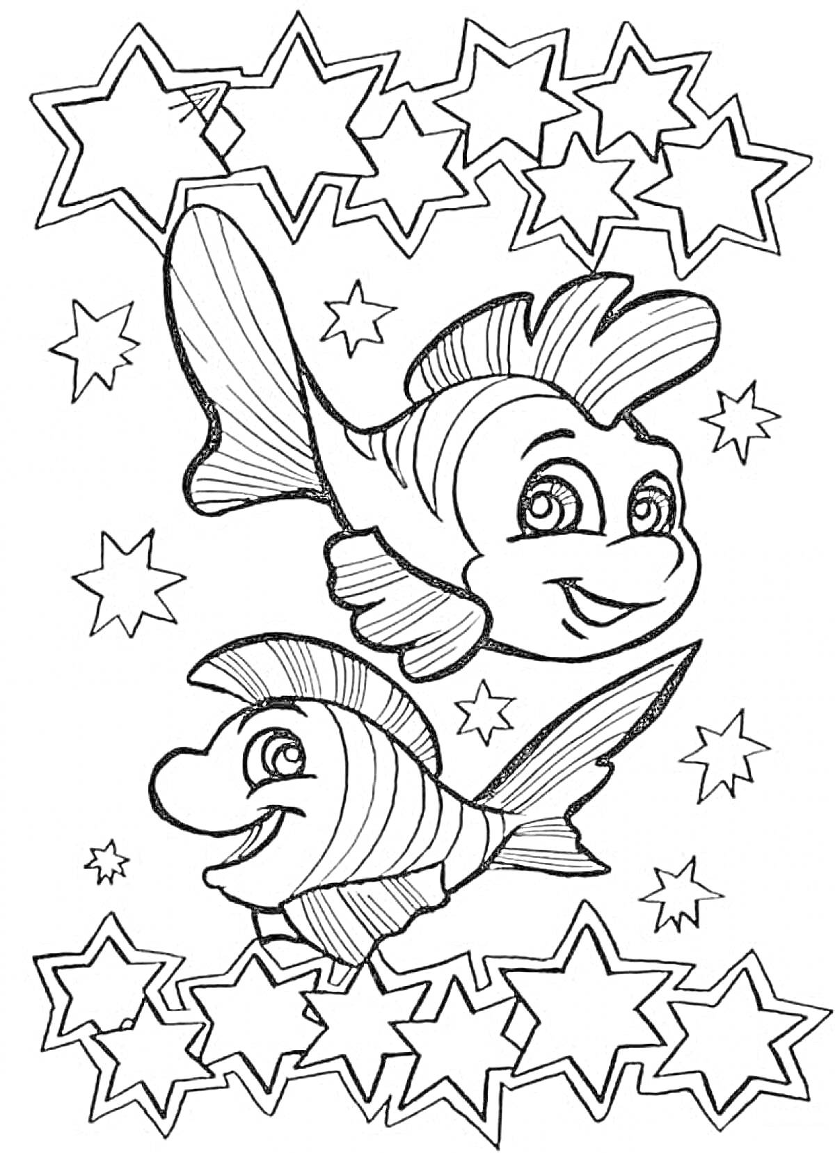 Раскраска Рыбы среди звезд (две рыбы и множество звезд)