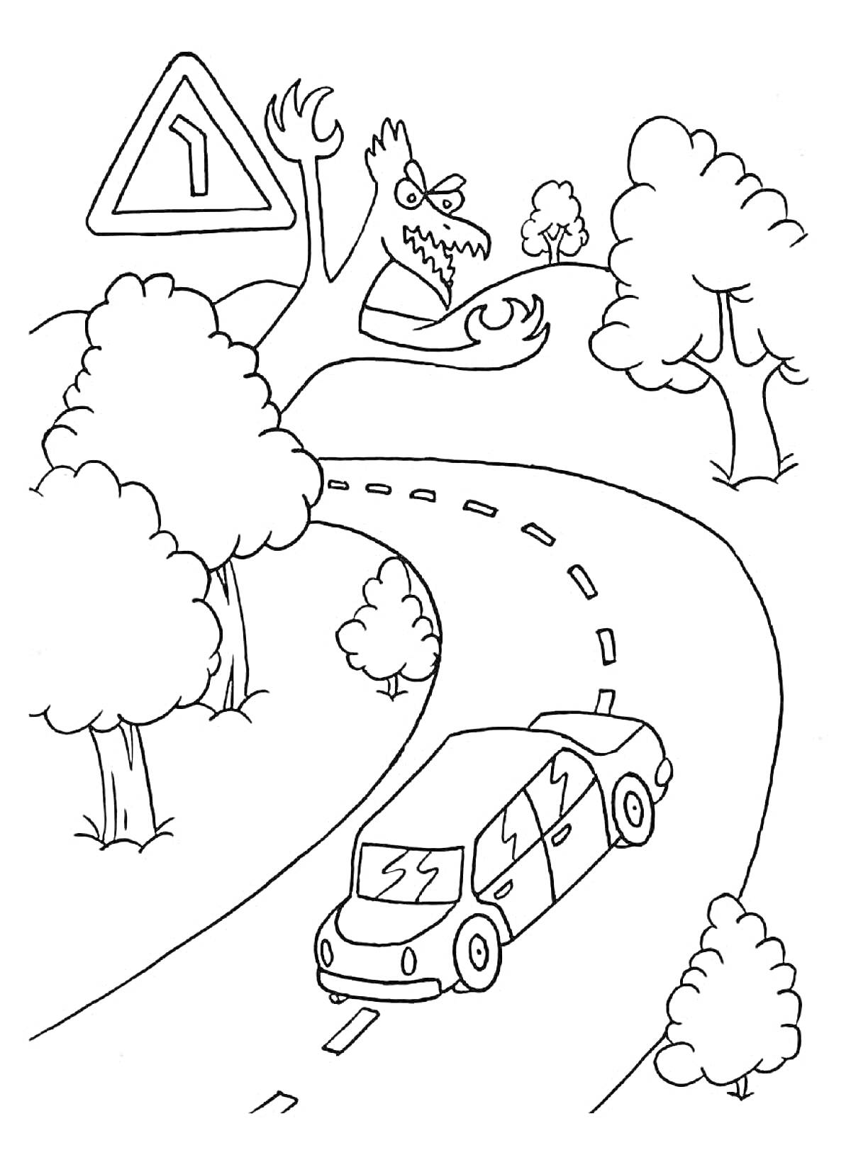 Извилистая дорога с машиной и дорожным знаком со сказочным монстром среди деревьев