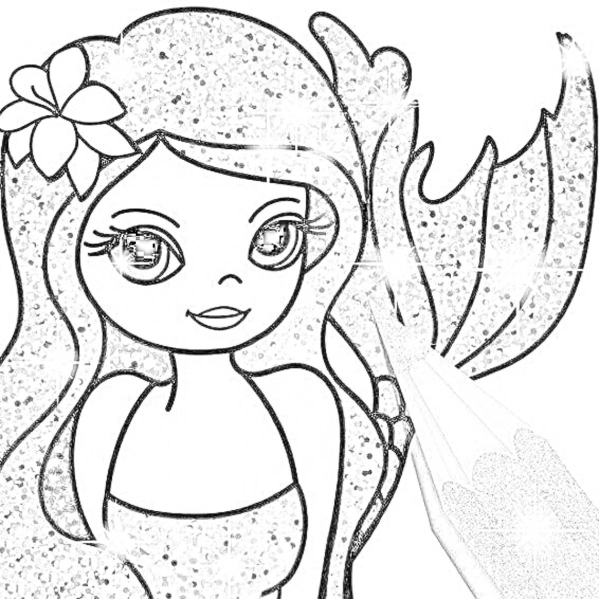 Раскраска Девушка с цветком в волосах и блестящими элементами волос, окрашенная блестящим карандашом