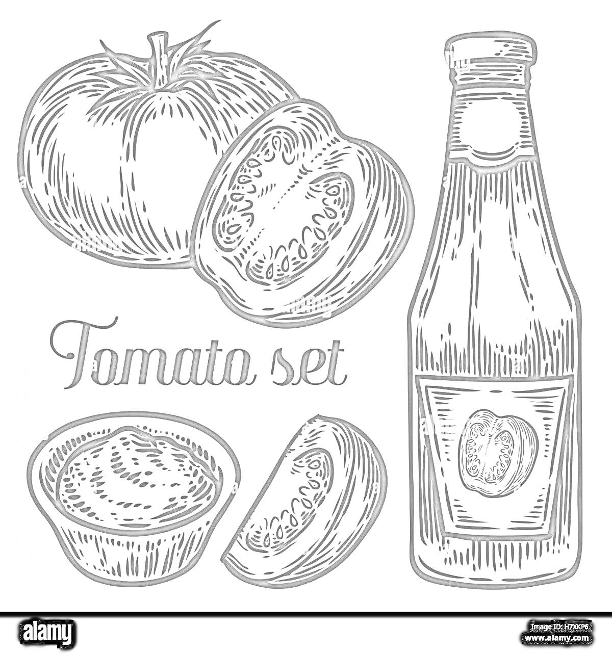 Раскраска Набор томатов: бутылка кетчупа, томат целый, томат нарезанный, томатный соус