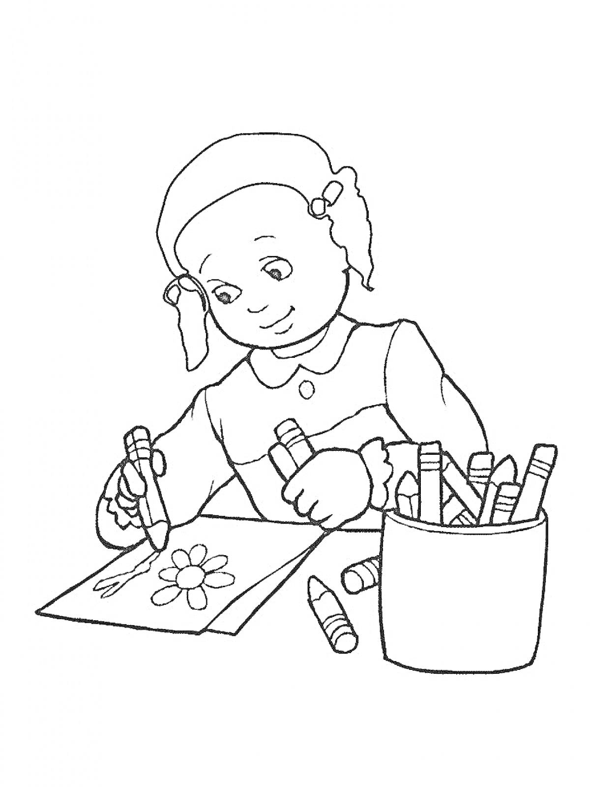 Раскраска Девочка рисует цветок восковыми мелками