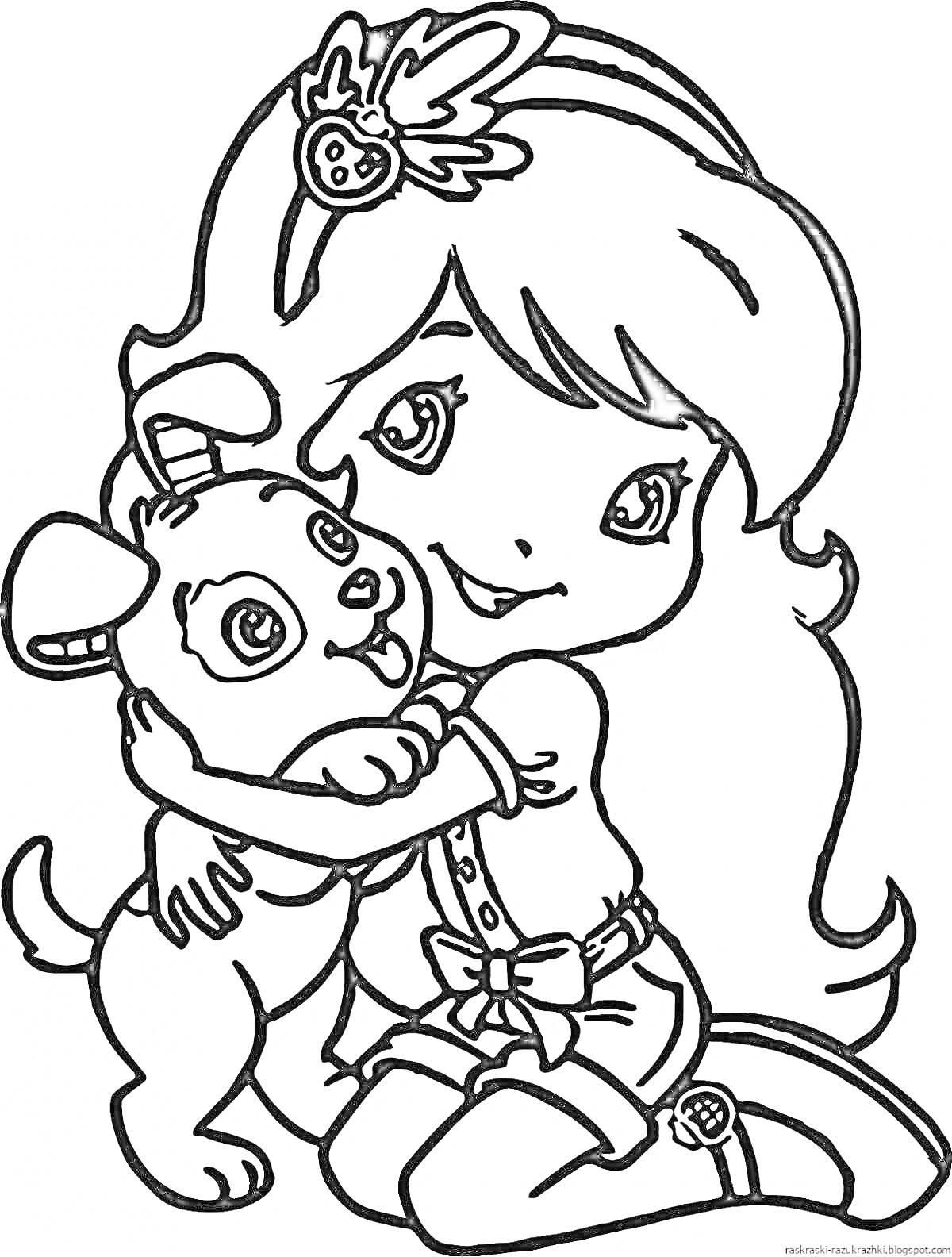 Раскраска Девочка с длинными волосами обнимает щенка, сидя на коленях, заколка в виде черепа-котенка в волосах
