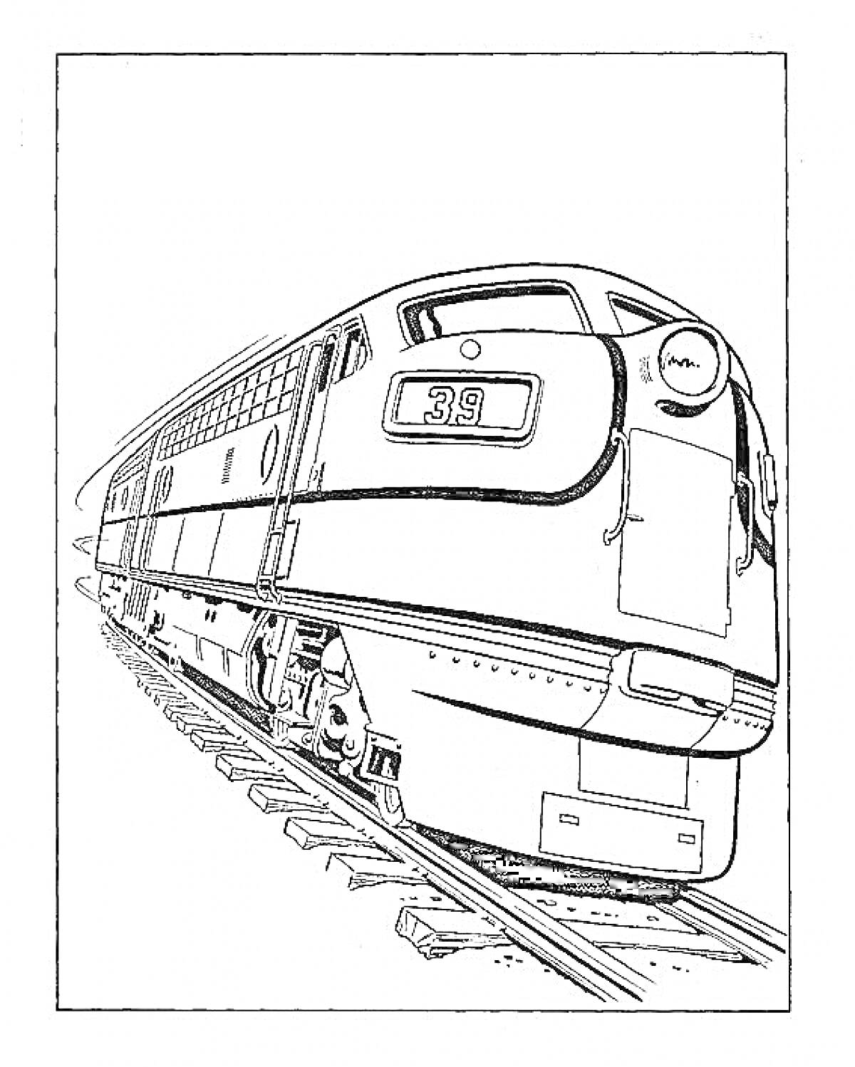На раскраске изображено: Поезд, Локомотив, Рельсы, Железнодорожные пути, Вагоны, Поездка, Транспорт, Железная дорога