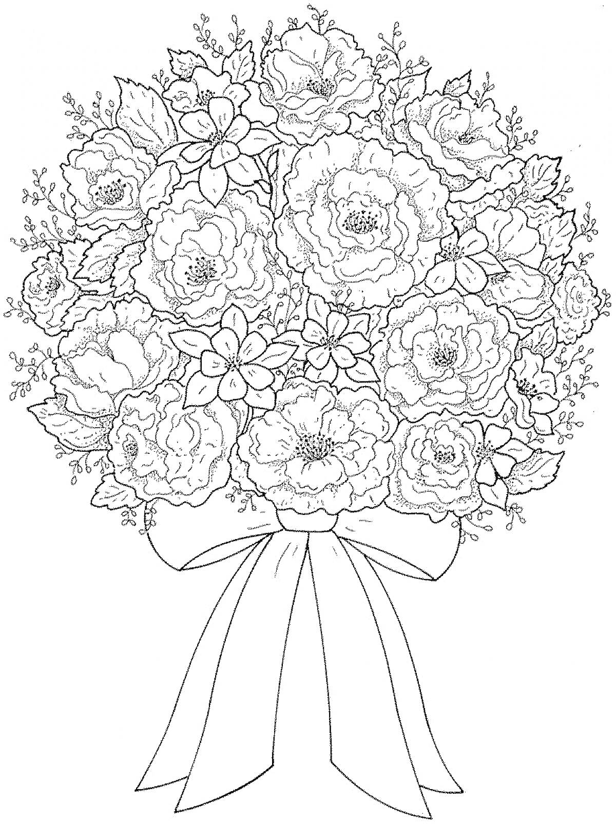 Раскраска Букет цветов с розами, георгинами и лилиями, украшенный веточками зелени и перевязанный ленточкой