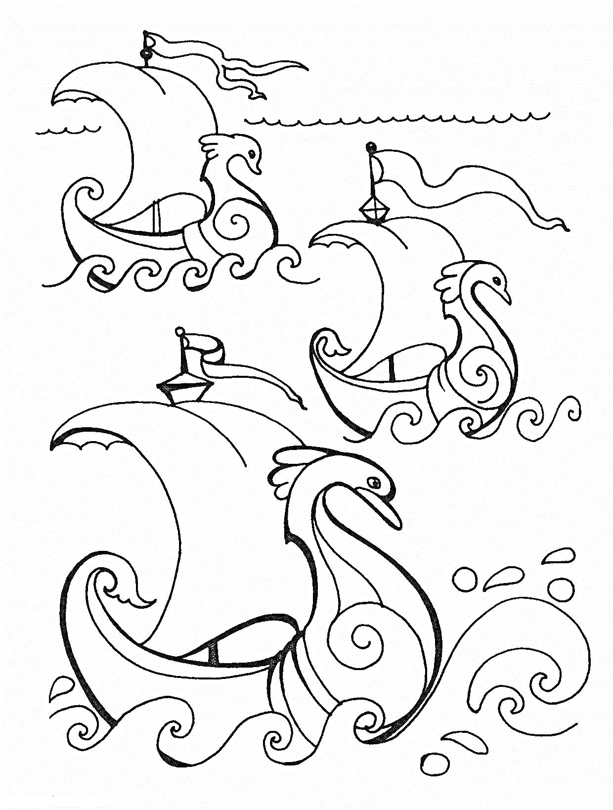 На раскраске изображено: Волны, Паруса, Царь Салтан, Из сказок, Корабль
