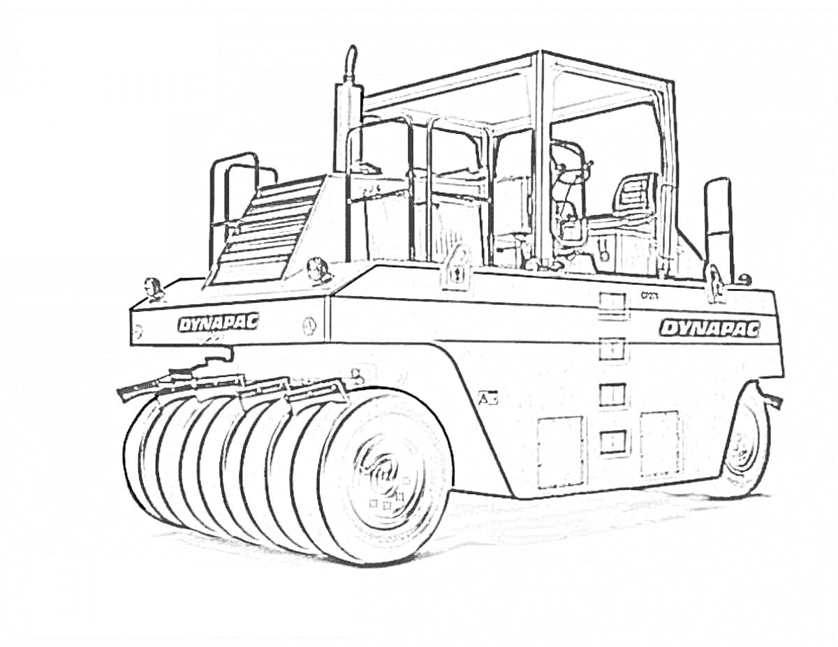 Раскраска Каток для строительства с надписями Dynapac, кабиной управления и ребристыми вальцами
