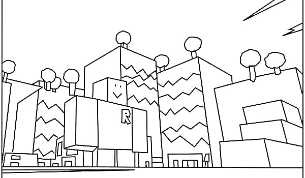 Роблокс-Город с деревьями на крышах и игровой персонаж