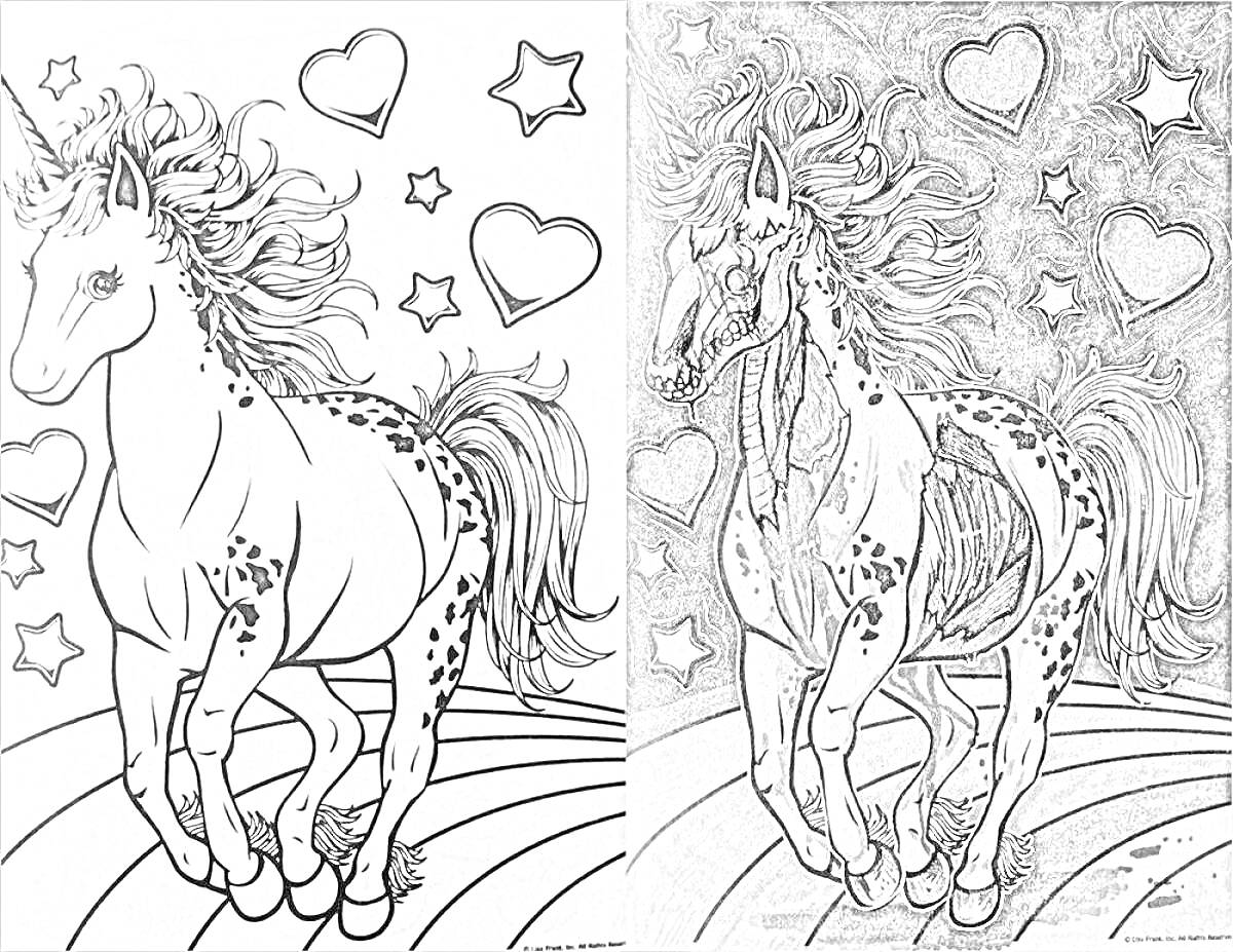 Раскраска Единорог с звездами и сердцами на радуге, слева - черно-белая версия, справа - раскрашенная версия