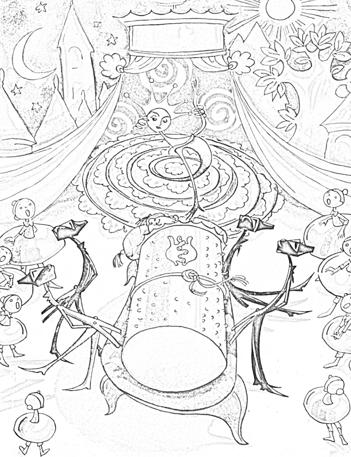 На раскраске изображено: Городок в табакерке, Шторы, Замок, Солнце, Спираль, Барабан