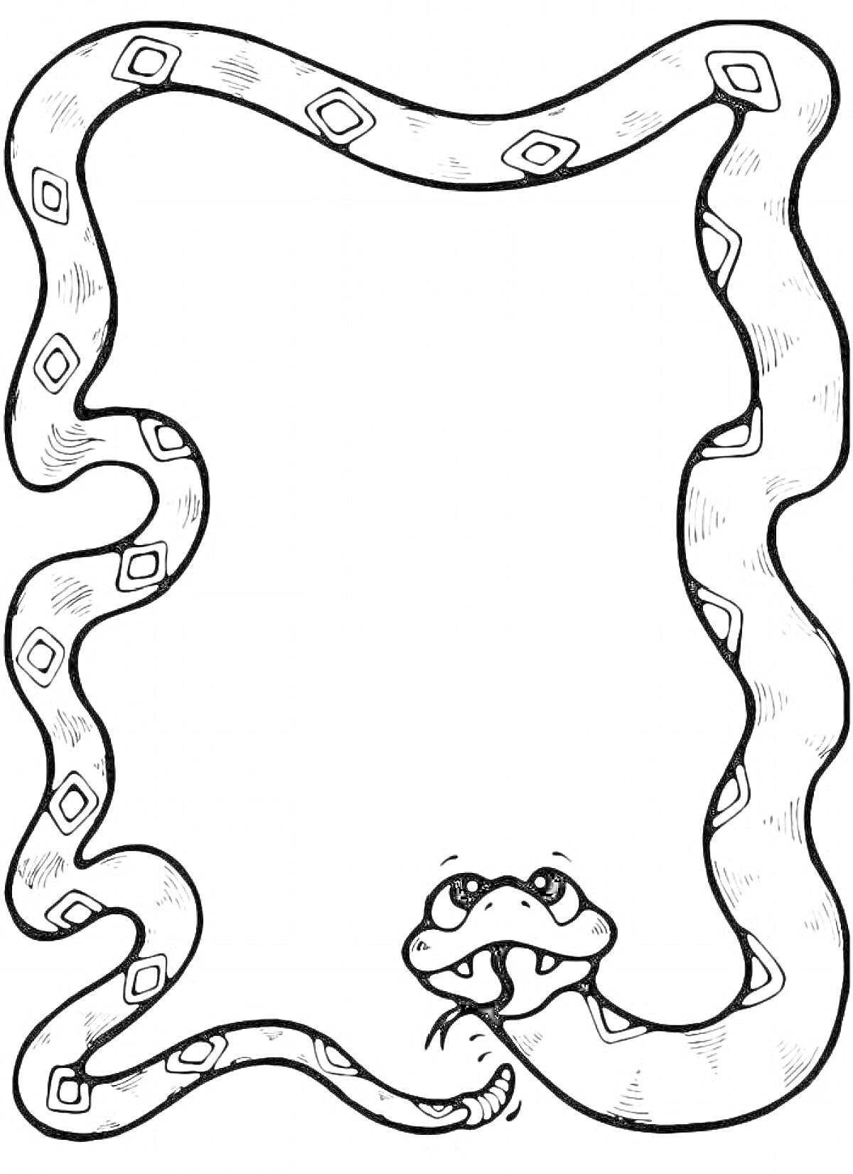 Раскраска Змея, образующая рамку с ромбовидным узором и забавной мордочкой