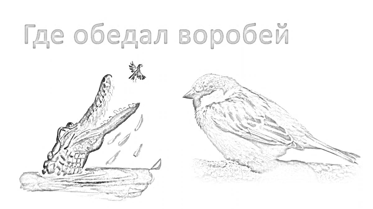 Раскраска Где обедал воробей: воробей, крокодил, капли воды