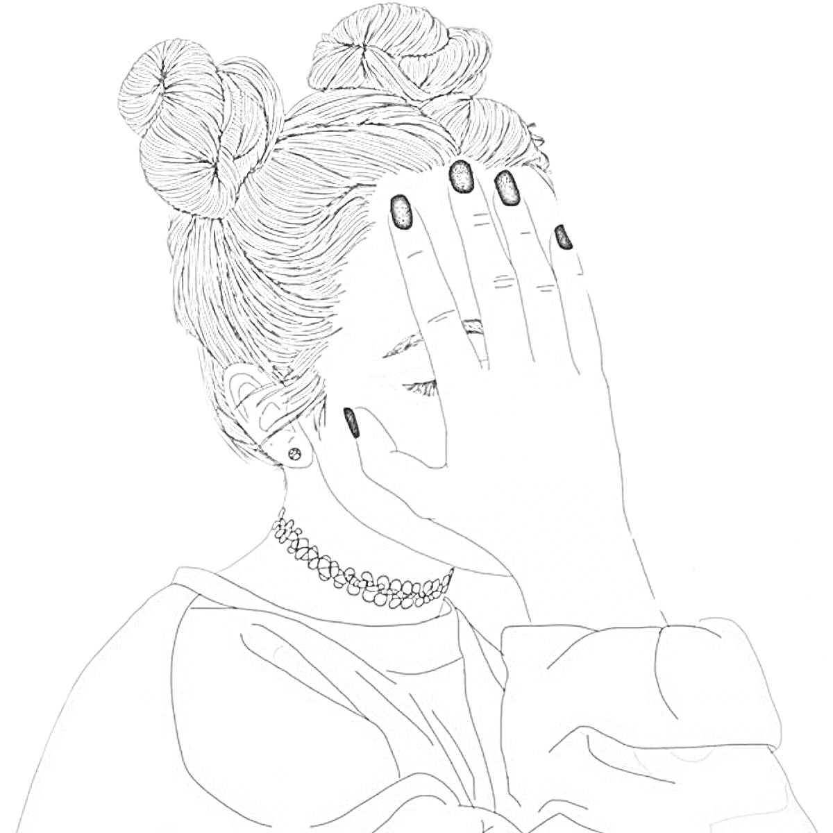 Раскраска Девушка с двумя пучками, закрывающая лицо рукой с черным лаком для ногтей, в свитере и с чокером-ожерельем.
