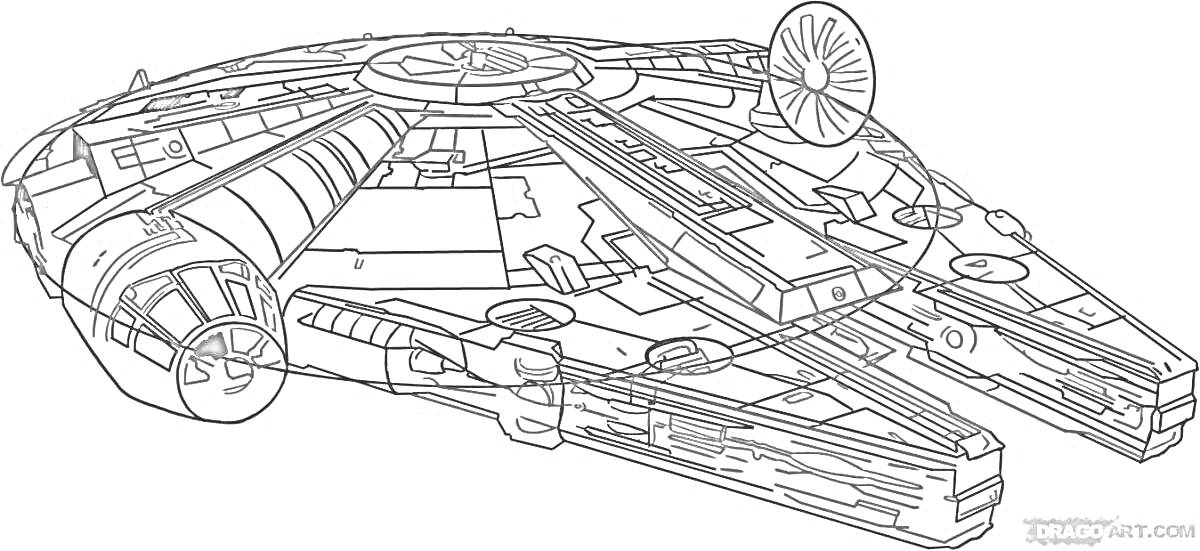 Раскраска Космический корабль с деталями корпуса, центральной кабиной, турбинами и оборудованием на крыше