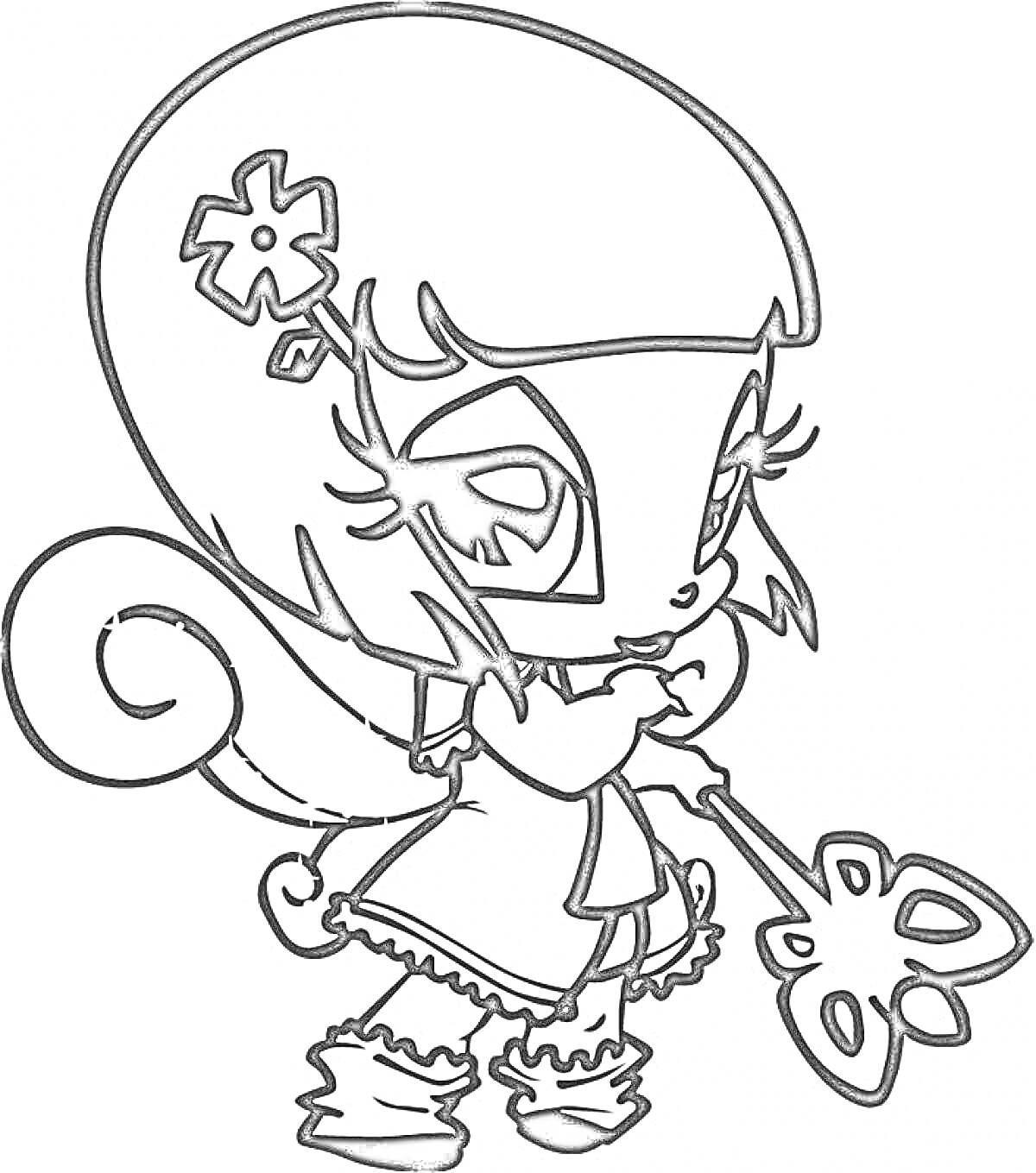 Раскраска Пикси с цветком на волосах и палочкой-бабочкой в руке