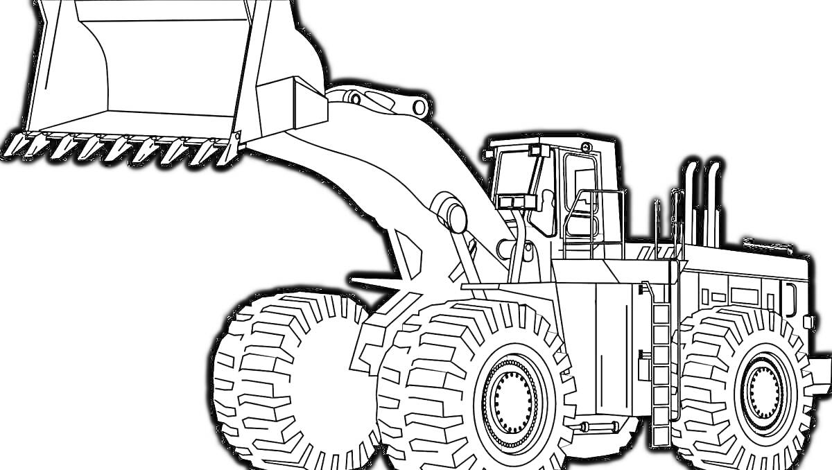 Раскраска Погрузчик с огромными колесами и подъемным ковшом