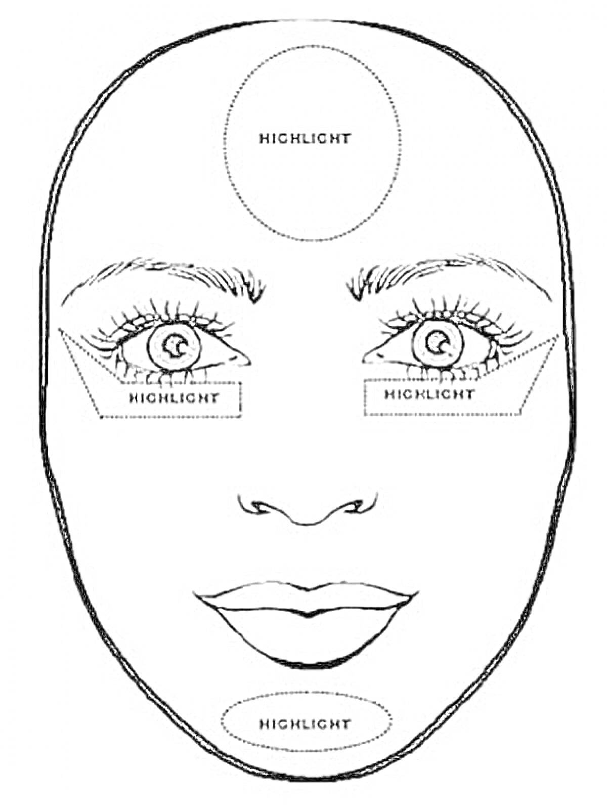 Раскраска Лицо для макияжа с зонами для хайлайтера на лбу, под глазами и на подбородке