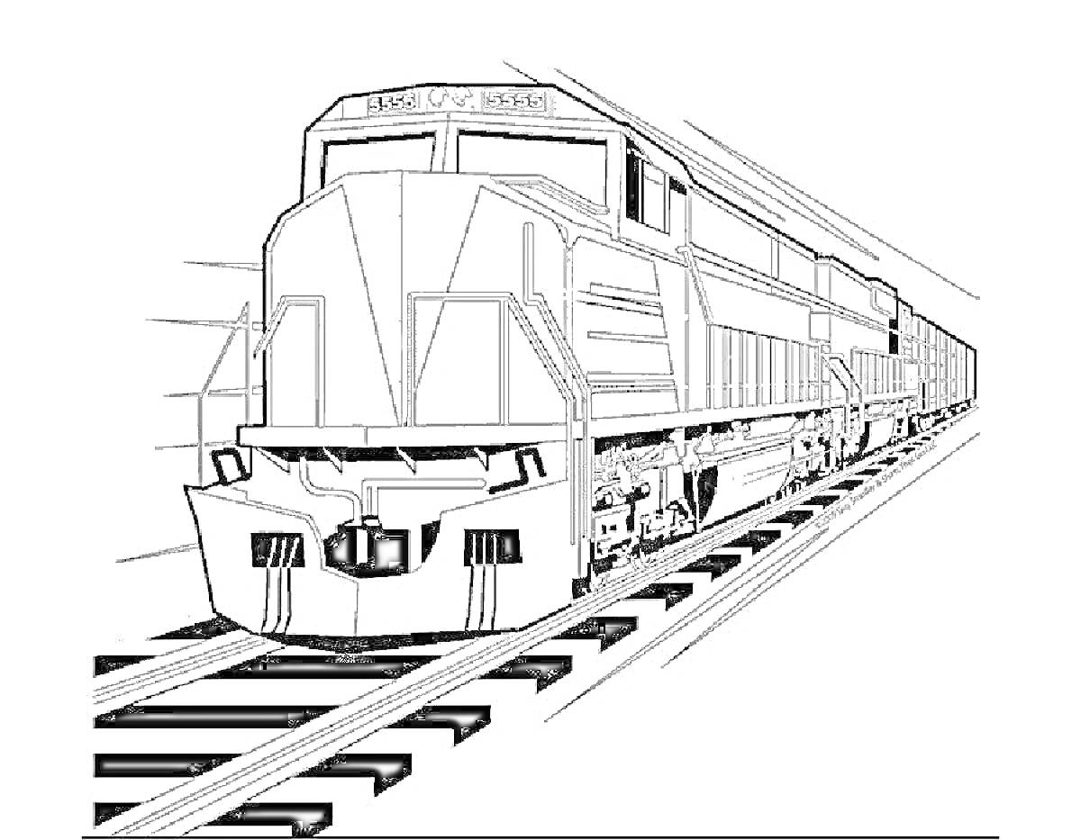 На раскраске изображено: Поезд, Железная дорога, Туннель, Вагоны, Локомотив, Транспорт, Рельсы