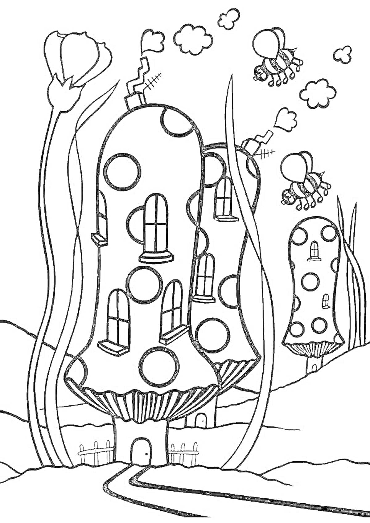 На раскраске изображено: Грибы, Окна, Цветы, Облака