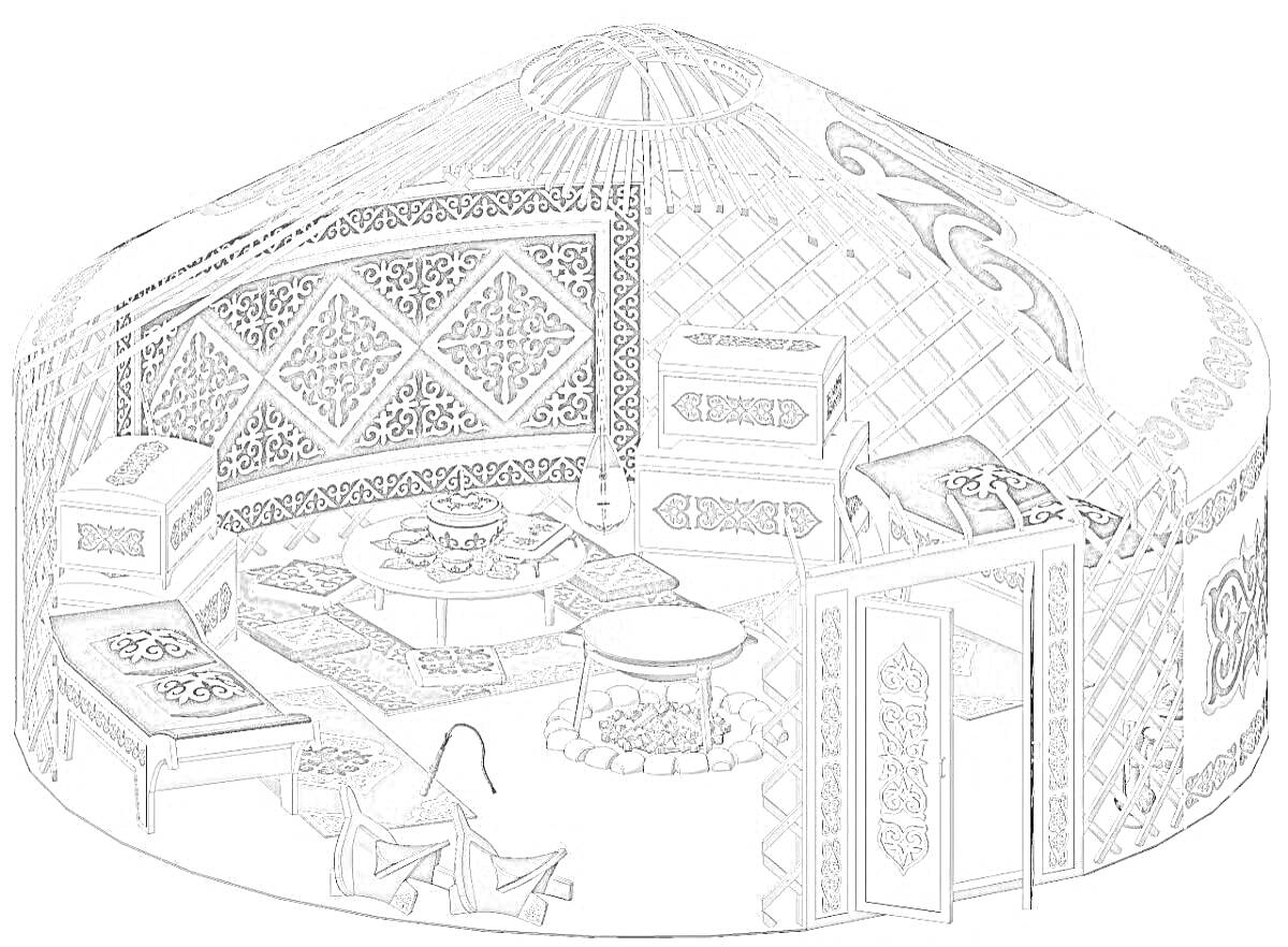 Раскраска Интерьер башкирской юрты с мебелью, коврами, столом, посудой, сундуками и входной дверью