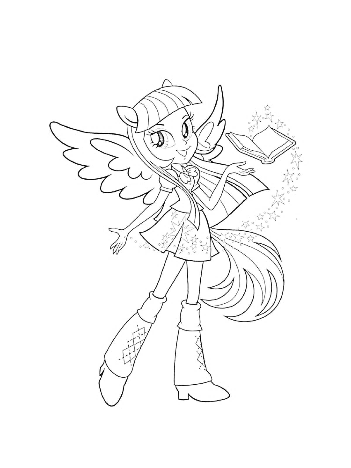 Раскраска Девушка с крыльями и ушками, читающая магическую книгу