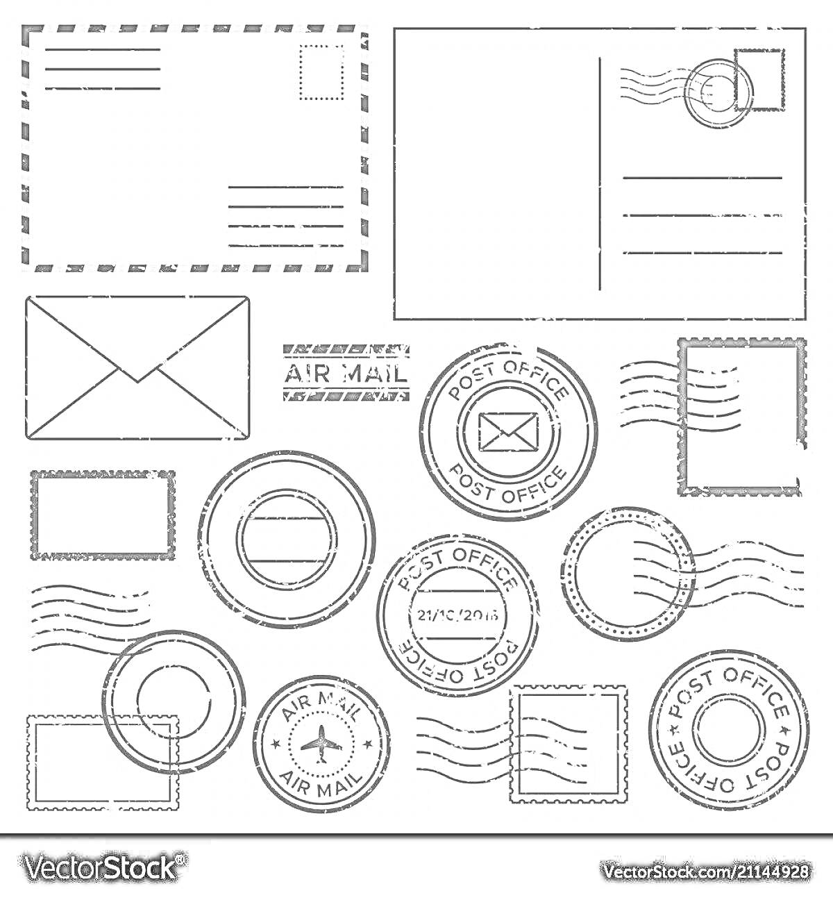 Раскраска Рисунок с элементами на тему почтовых марок, включает открытку, конверт, марки и разные почтовые штемпели