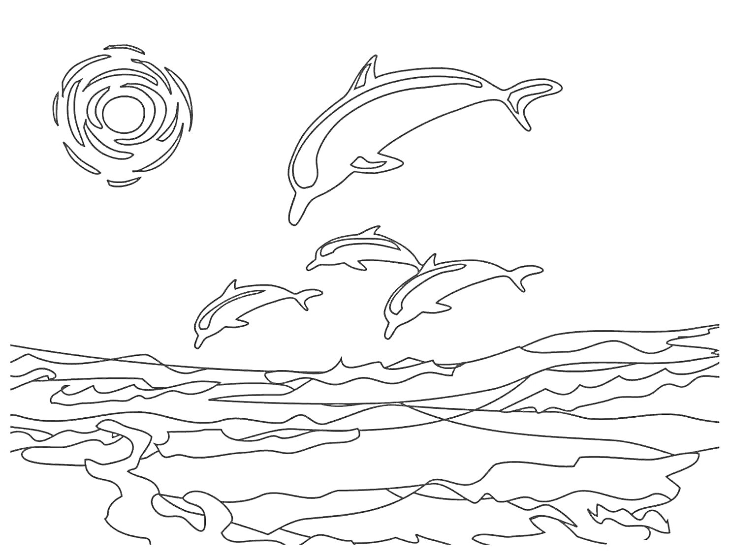 На раскраске изображено: Дельфины, Море, Солнце, Волны, Природа, Морская жизнь