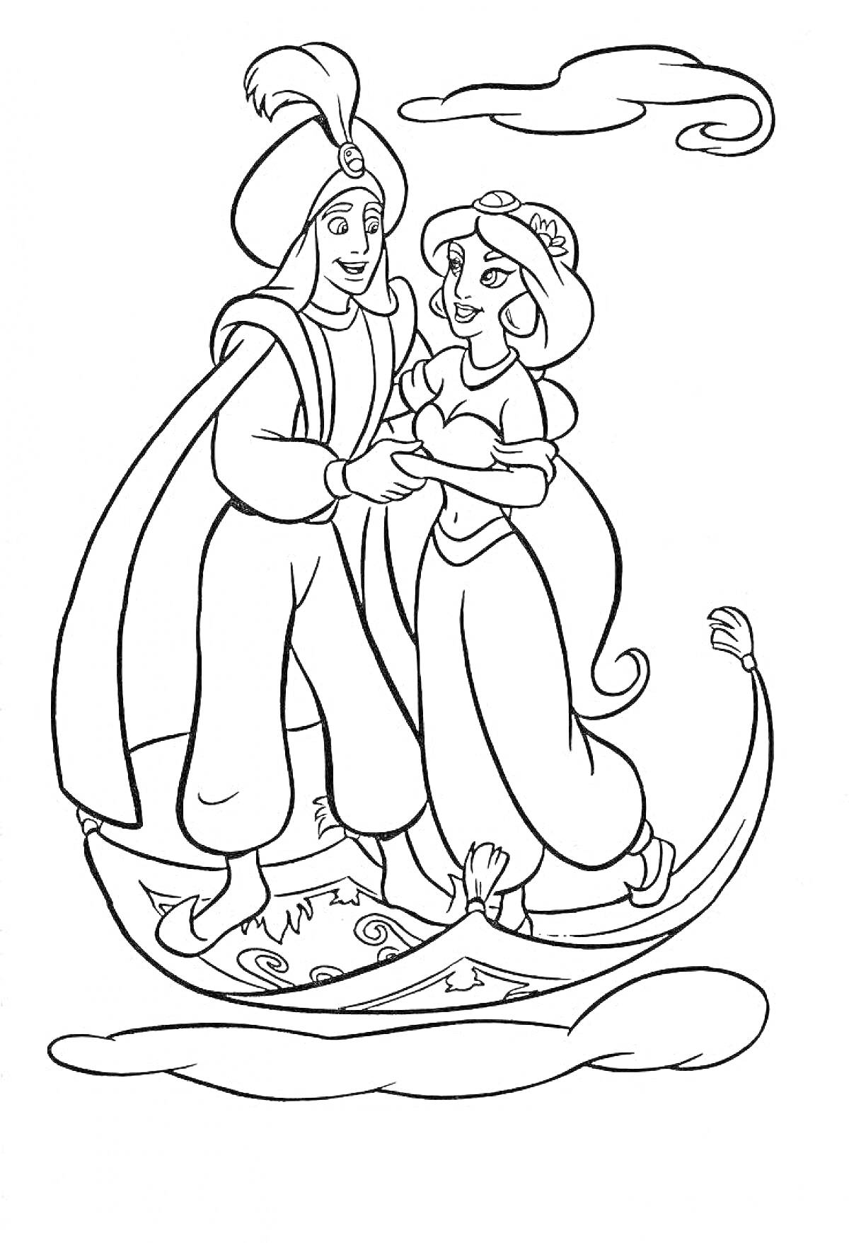 Раскраска Алладин и девушка на волшебном ковре-самолёте в облаках