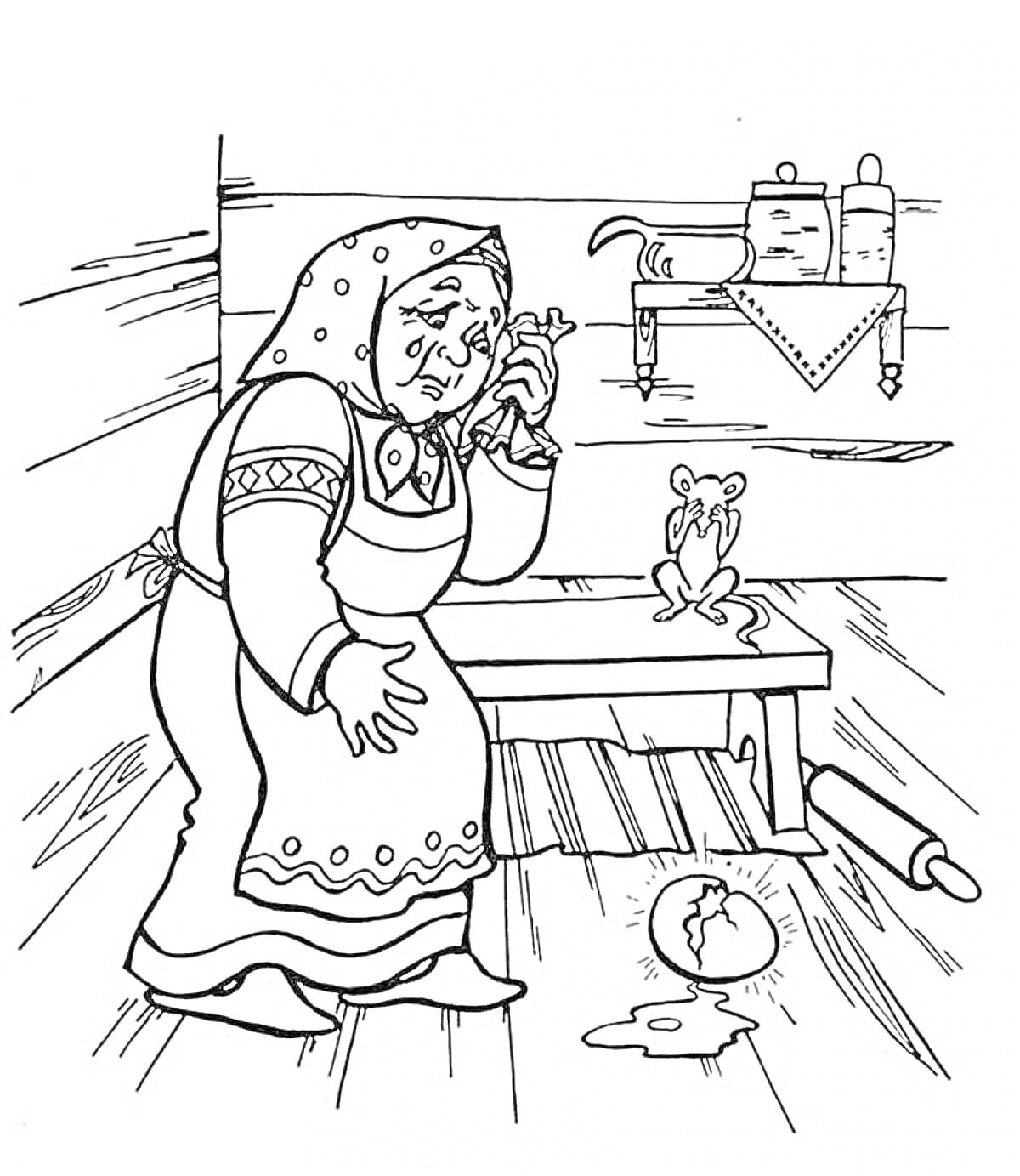Раскраска Старушка с платком и лягушкой на лавке пьет воду, упавшая посуда и скалка, чайник и баночки на полке