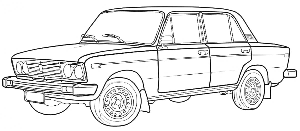 Раскраска Рисунок автомобиля Lada 2107 с деталями кузова, колесами и окнами