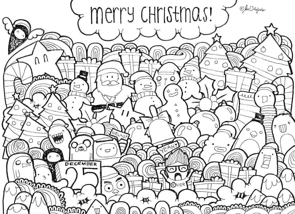 Раскраска Новогодняя сцена с элементами: Санта-Клаус, елки, подарки, пряничные человечки, снежинки, надпись 