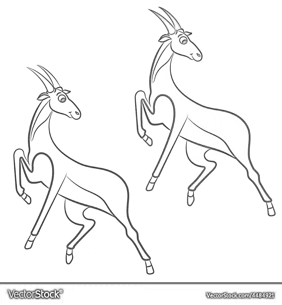 Раскраска Раскраска с двумя антилопами золотыми, одна черно-белая, другая цветная